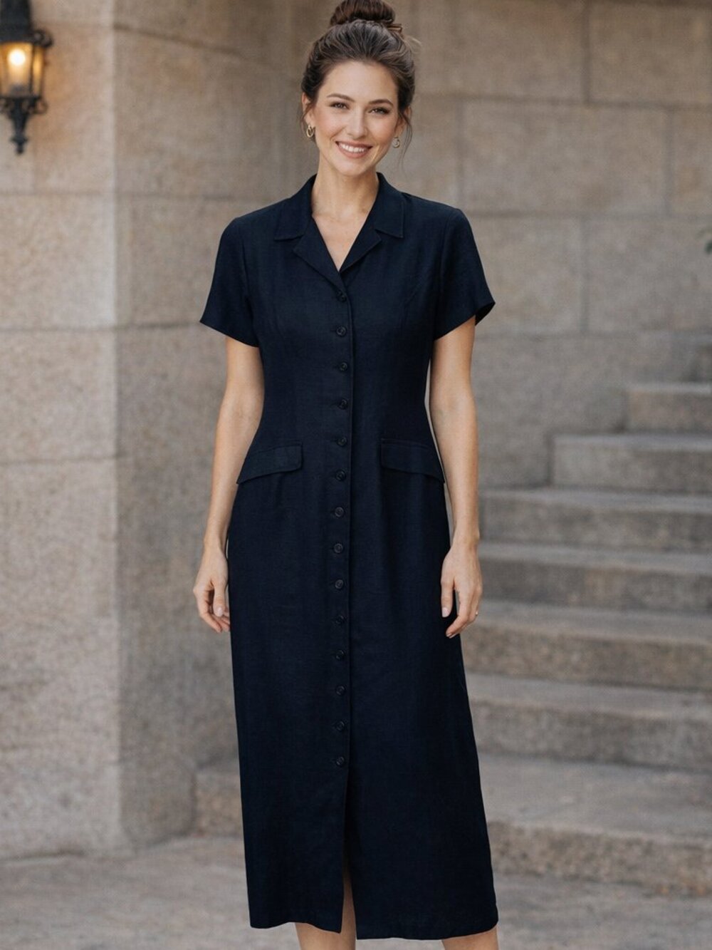 Spenser Jeremy Black Linen Blend Button  Midi Dress 6 Classic Minimalist  VTG